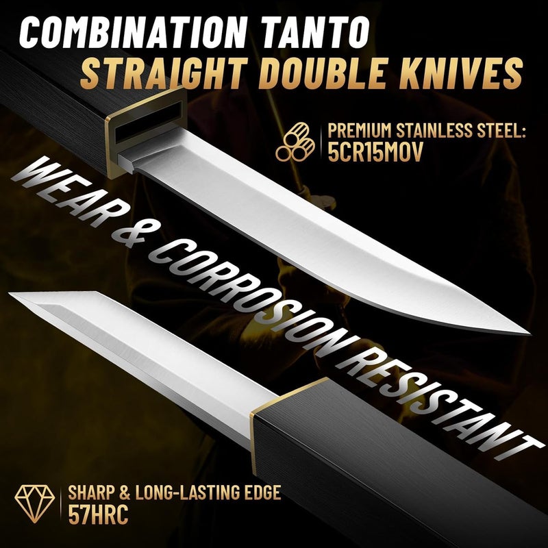 Moontay Mini Katana Knives Set – 2 in 1 Janpanese Tanto Knife with Integrated Wood Sheath & Handle, Stainless Outdoor Double Knife Set, Short Samurai Swords for Camping Survival BBQ, Christmas Gifts - Image 2
